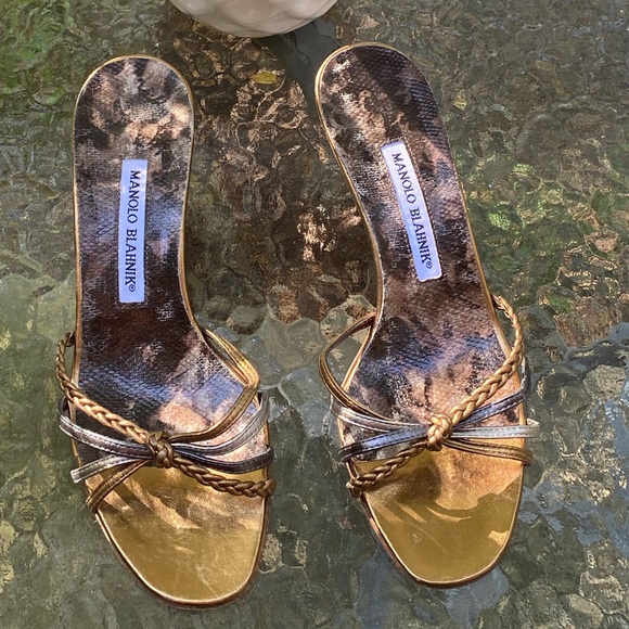 Manolo Blahnik Brown & Gold Strappy Kitten Heels - Picture 9 of 13